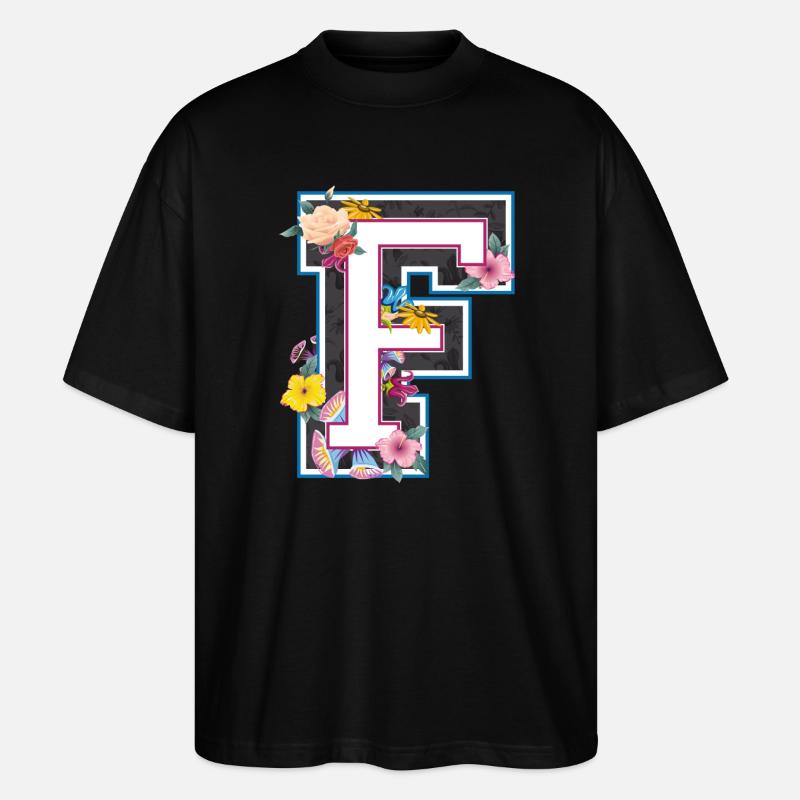 Buchstabe F im varsity Stil - Stanley/Stella Oversized Unisex Bio T-Shirt Blaster 2.0 - Schwarz