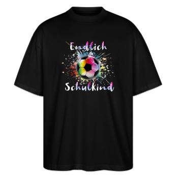 Endlich Schulkind Fußball Schulanfang - Stanley/Stella Oversized Unisex Bio T-Shirt Blaster 2.0 - Schwarz - Vorne - Alina (178cm) & Michal (187cm)
