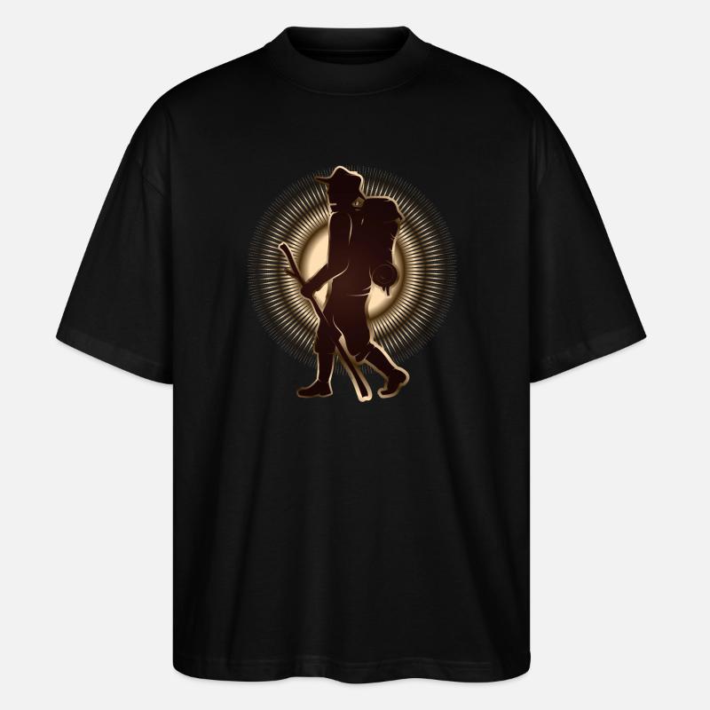 Pilger oder Wanderer mit Wanderstab & Rucksack - Stanley/Stella Oversized Unisex Bio T-Shirt Blaster 2.0 - Schwarz
