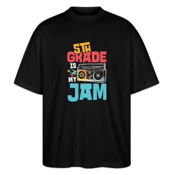 5. Klasse Musik-Design mit Kassette und Jam - Stanley/Stella Oversized Unisex Bio T-Shirt Blaster 2.0 - Schwarz - Vorne - Alina (178cm) & Michal (187cm)