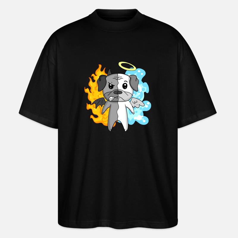 Dog Pug - Angel and Devil - Stanley/Stella Oversized Unisex Organic T-shirt Blaster 2.0 - black