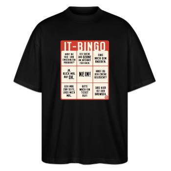 IT Support Bingo Service Desk IT Helpdesk Sysadmin - Stanley/Stella Oversized Unisex Bio T-Shirt Blaster 2.0 - Schwarz - Vorne - Alina (178cm) & Michal (187cm)