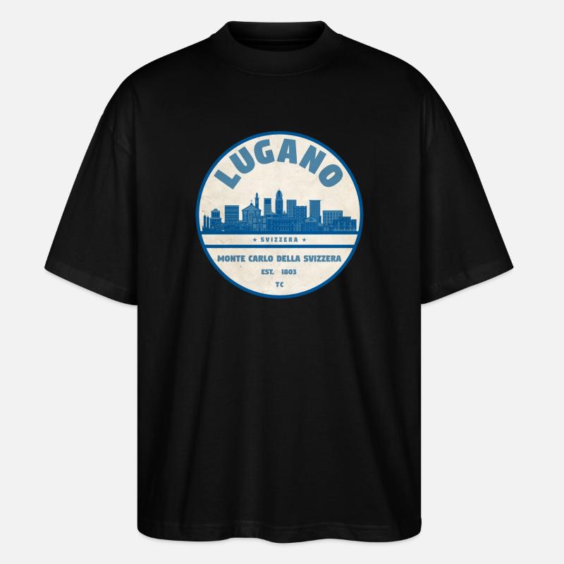 Lugano Skyline Abzeichen Shirt - Stanley/Stella Oversized Unisex Bio T-Shirt Blaster 2.0 - Schwarz