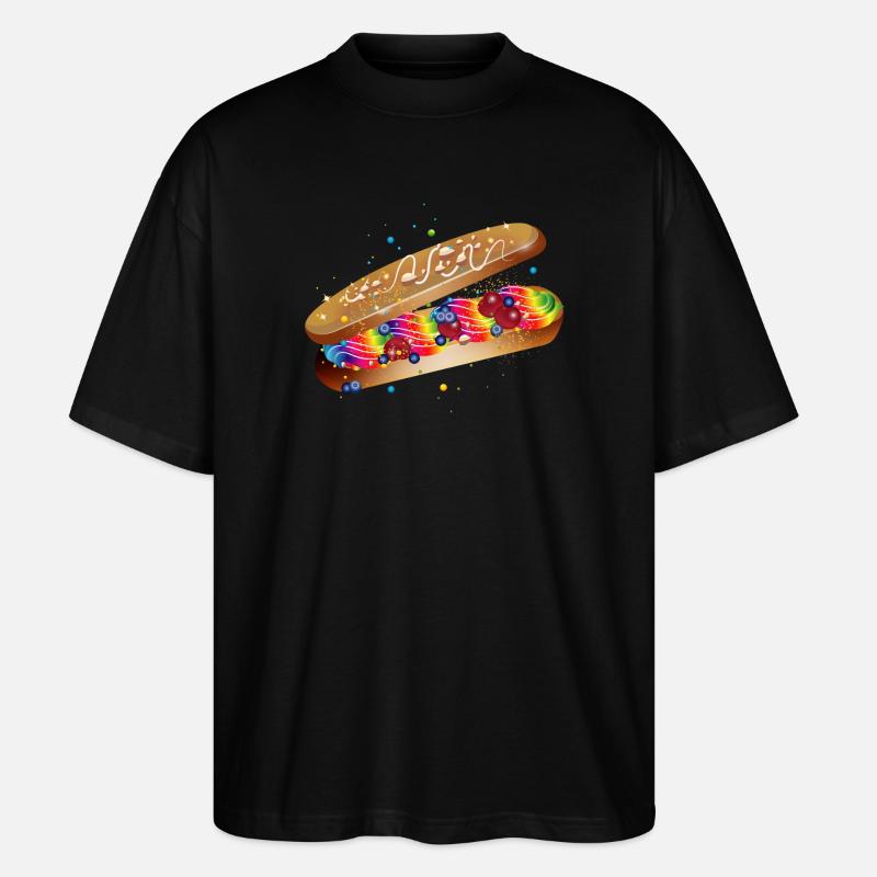 Illustration eines gefüllten kunterbunten Eclairs - Stanley/Stella Oversized Unisex Bio T-Shirt Blaster 2.0 - Schwarz