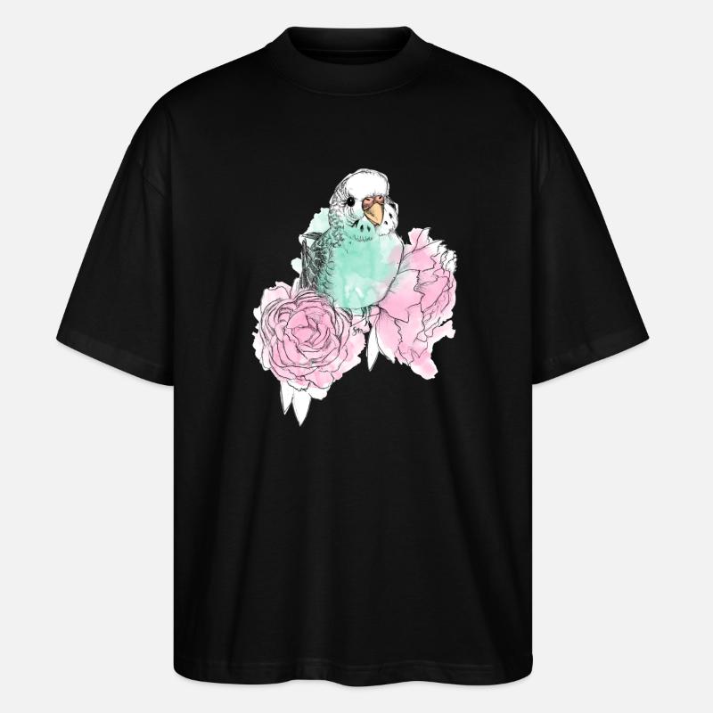 Budgerigars and peonies - Stanley/Stella Oversized Unisex Organic T-shirt Blaster 2.0 - black