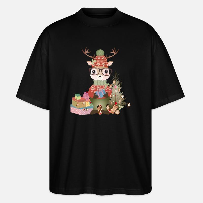 Hirsch mit Weihnachtsgeschenke,Brille und Mütze - Stanley/Stella Oversized Unisex Bio T-Shirt Blaster 2.0 - Schwarz