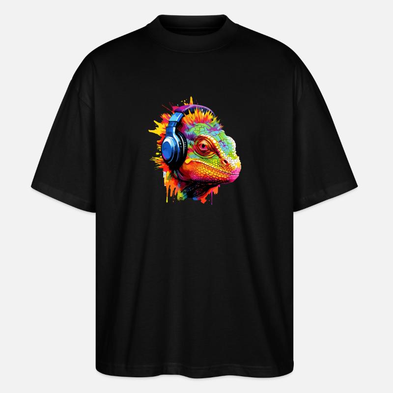 Caméléon avec casque Musique Caméléons - T-shirt bio Blaster 2.0 coupe oversize Stanley/Stella Unisexe - noir