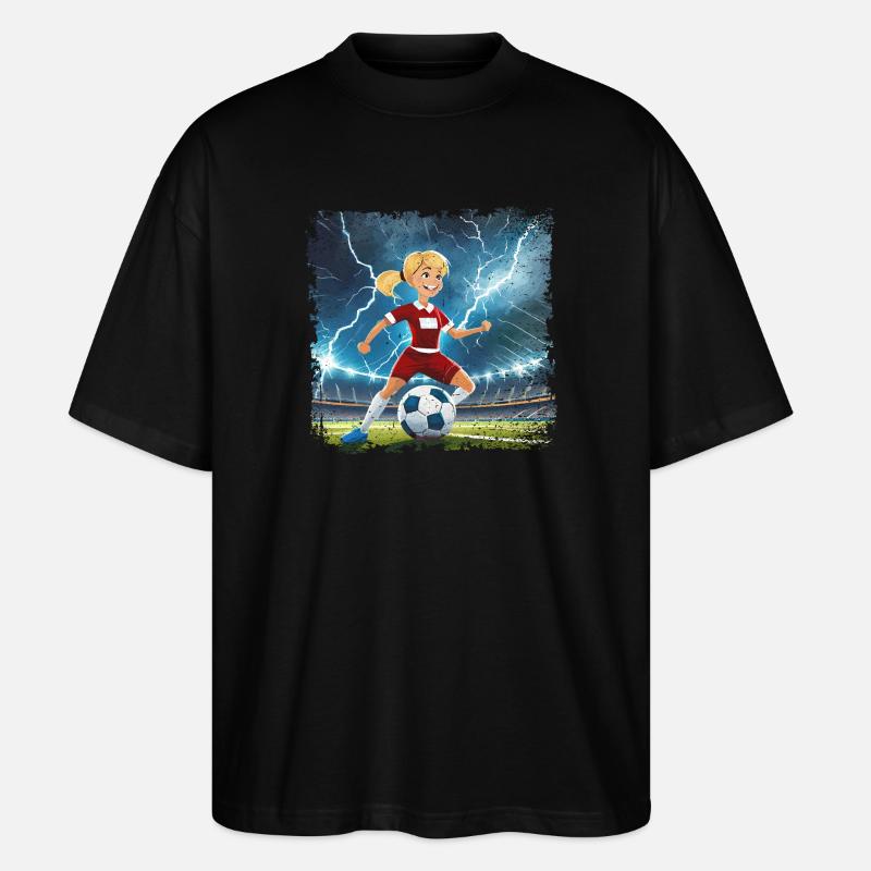 Fussballerin Comicfigur Stadion mit Blitzen - Stanley/Stella Oversized Unisex Bio T-Shirt Blaster 2.0 - Schwarz