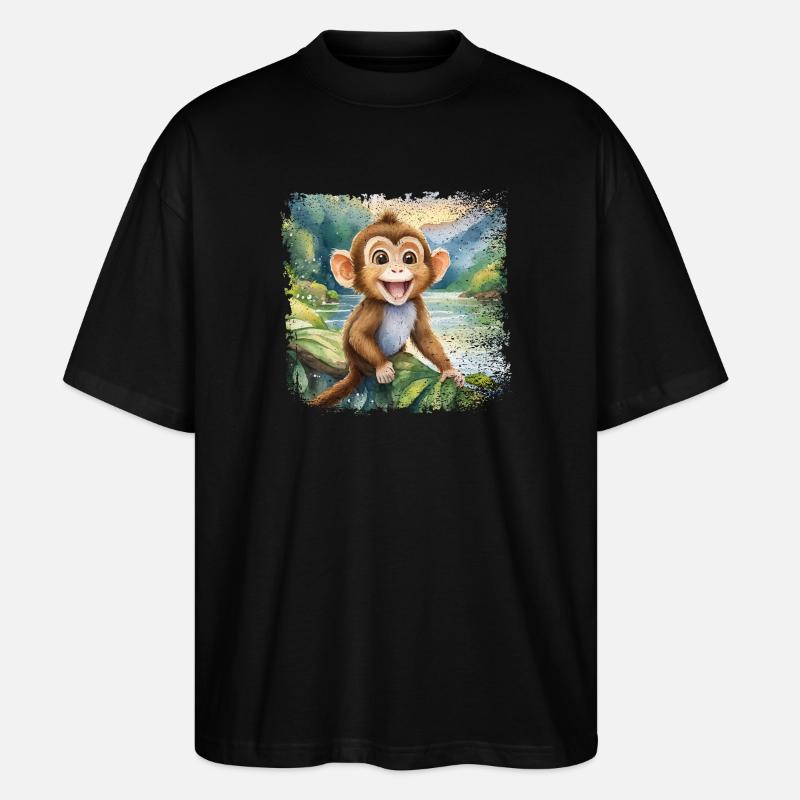 Niedlicher junger Affe, fröhlich am Fluss - Stanley/Stella Oversized Unisex Bio T-Shirt Blaster 2.0 - Schwarz
