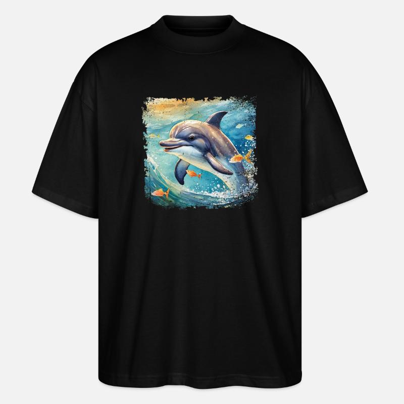 Niedlicher junger Delfin im Kinderbuchstil - Stanley/Stella Oversized Unisex Bio T-Shirt Blaster 2.0 - Schwarz