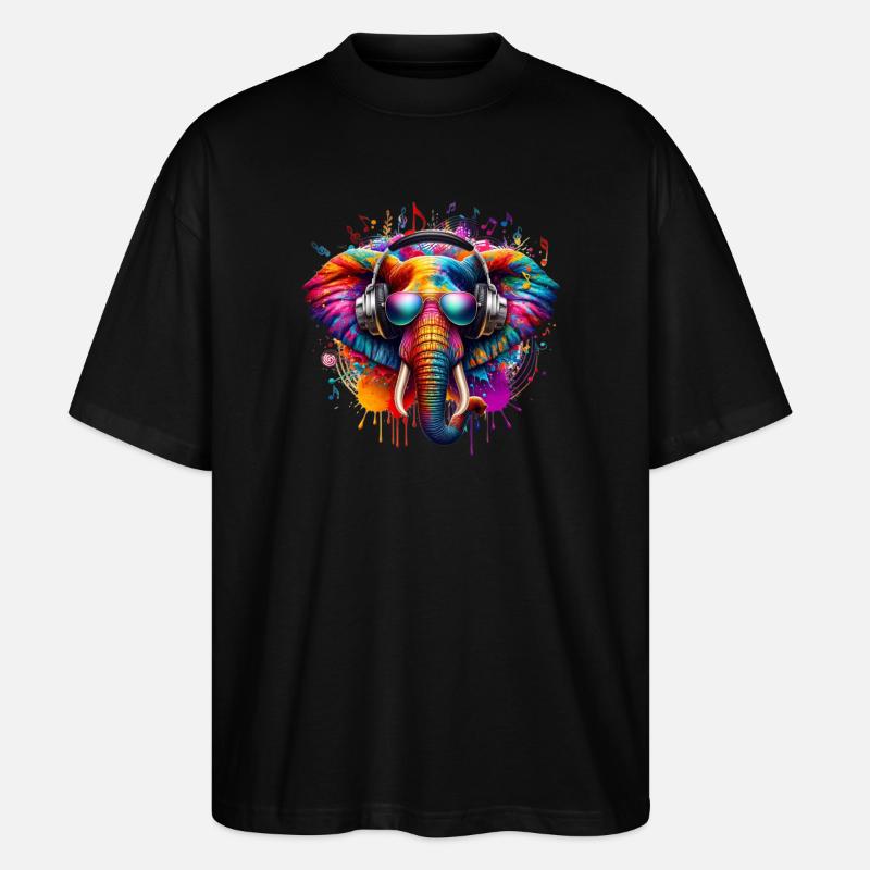 Bunter Elefant mit Kopfhörern - Stanley/Stella Oversized Unisex Bio T-Shirt Blaster 2.0 - Schwarz