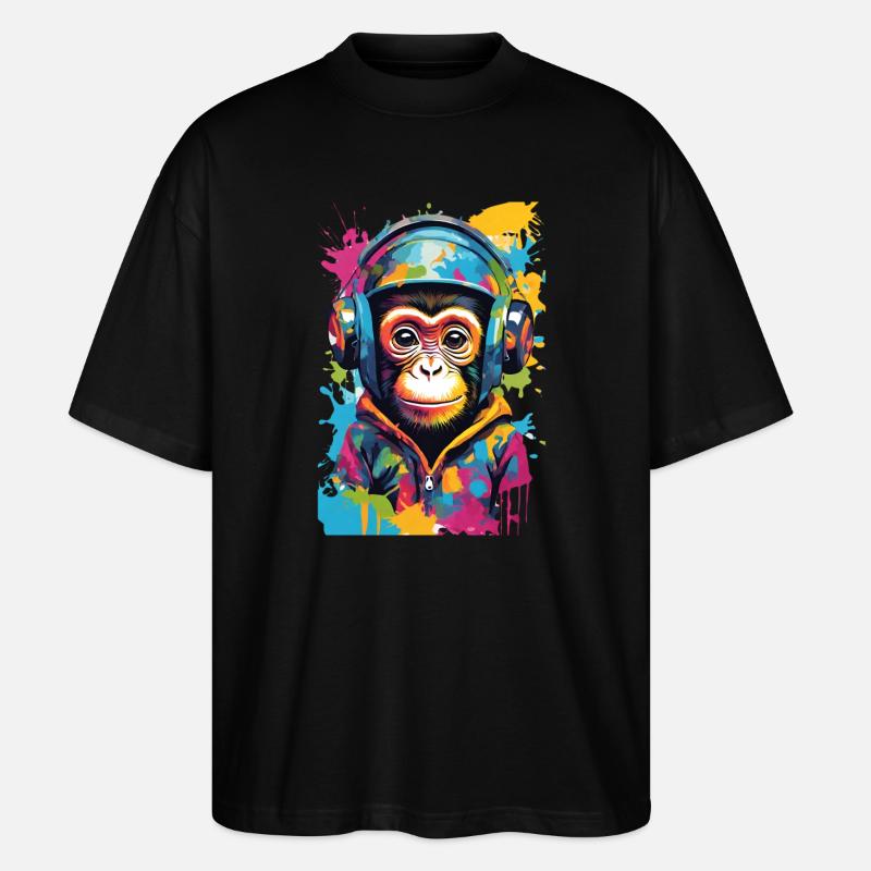 Bunter Affe mit Kopfhörern - Stanley/Stella Oversized Unisex Bio T-Shirt Blaster 2.0 - Schwarz