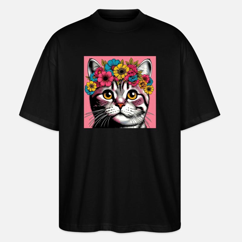 Katze mit Blumen - Stanley/Stella Oversized Unisex Bio T-Shirt Blaster 2.0 - Schwarz