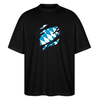 Bayern Fahne und Wappen 3D Reiß-Effekt. - Stanley/Stella Oversized Unisex Bio T-Shirt Blaster 2.0 - Schwarz - Vorne - Alina (178cm) & Michal (187cm)