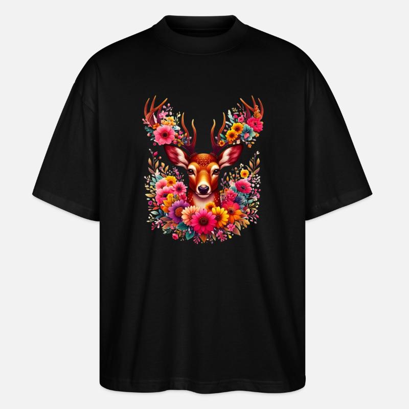 Hirsch mit Blumen geschmückt - Stanley/Stella Oversized Unisex Bio T-Shirt Blaster 2.0 - Schwarz