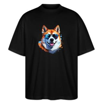 Akita Inu mit Sonnenbrille - Stanley/Stella Oversized Unisex Bio T-Shirt Blaster 2.0 - Schwarz - Vorne - Alina (178cm) & Michal (187cm)