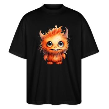 Flammenfell Freund Monster - Stanley/Stella Oversized Unisex Bio T-Shirt Blaster 2.0 - Schwarz - Vorne - Alina (178cm) & Michal (187cm)
