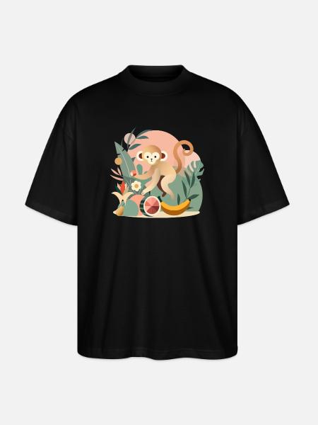 Playful monkey with tropical fruits - Stanley/Stella Oversized Unisex Organic T-shirt Blaster 2.0 - black