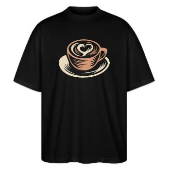 Stylisierte Kaffeetasse mit Latte Art Herz - Stanley/Stella Oversized Unisex Bio T-Shirt Blaster 2.0 - Schwarz - Vorne - Alina (178cm) & Michal (187cm)