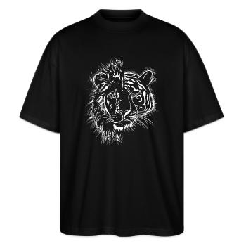 halb Löwe halb Tiger - Stanley/Stella Oversized Unisex Bio T-Shirt Blaster 2.0 - Schwarz - Vorne - Alina (178cm) & Michal (187cm)