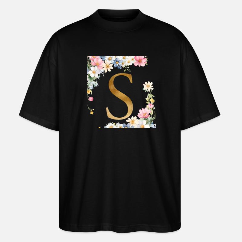 S Monogram, Floral, Personalizable - Stanley/Stella Oversized Unisex Organic T-shirt Blaster 2.0 - black