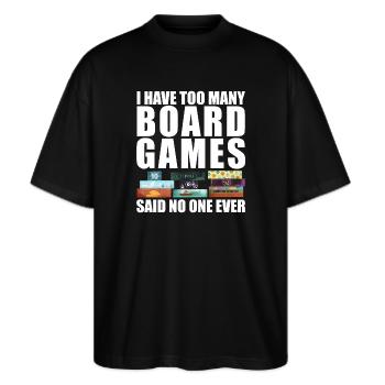 Zu viele Brettspiele lustiger Spruch - Stanley/Stella Oversized Unisex Bio T-Shirt Blaster 2.0 - Schwarz - Vorne - Alina (178cm) & Michal (187cm)