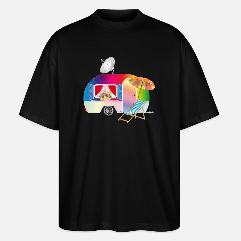 Bunter Retro-Wohnwagen mit Liegestuhl - Stanley/Stella Oversized Unisex Bio T-Shirt Blaster 2.0 - Schwarz