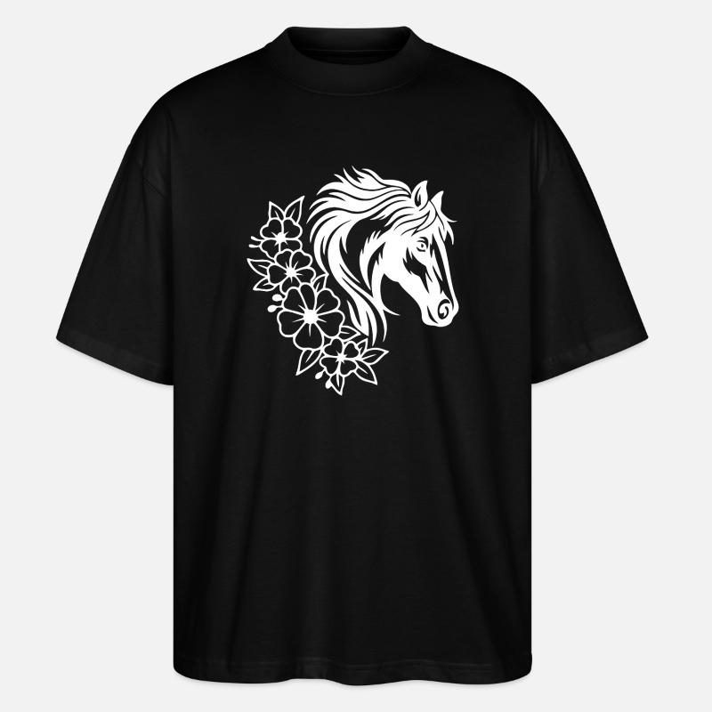 Elegantes Pferde- und Blumen-Line-Art-Design - Stanley/Stella Oversized Unisex Bio T-Shirt Blaster 2.0 - Schwarz