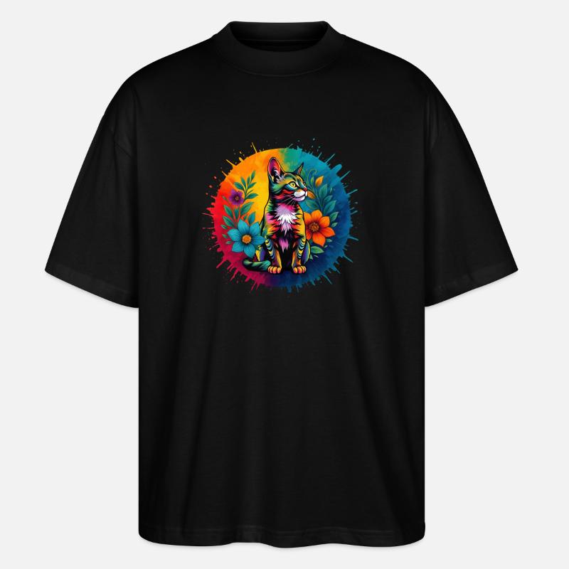Bunte Deko-Katze mit Blumen - Stanley/Stella Oversized Unisex Bio T-Shirt Blaster 2.0 - Schwarz