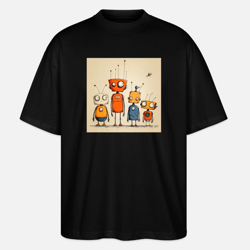 Bunt illustrierte freundliche Roboter - Stanley/Stella Oversized Unisex Bio T-Shirt Blaster 2.0 - Schwarz