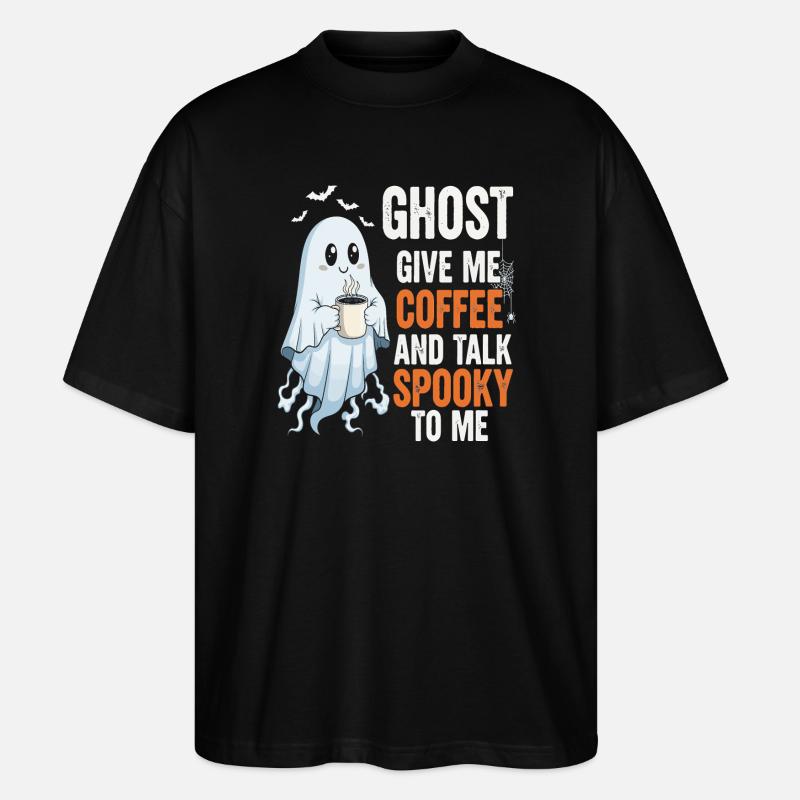 Spooky Ghost with Coffee Illustration - Stanley/Stella Oversized Unisex Organic T-shirt Blaster 2.0 - black