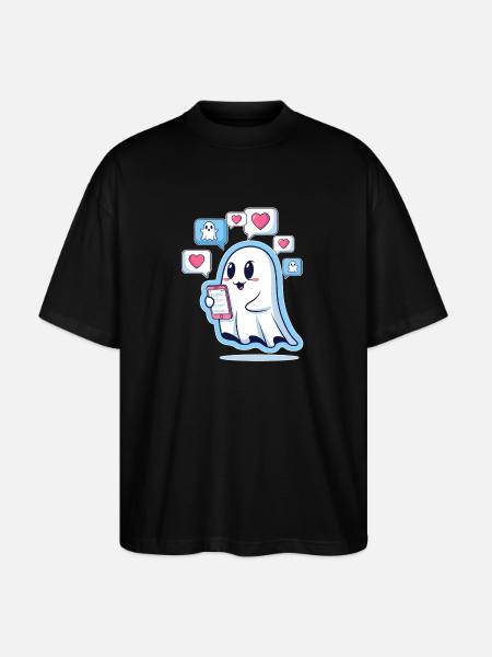 Cute ghost with smartphone - Stanley/Stella Oversized Unisex Organic T-shirt Blaster 2.0 - black