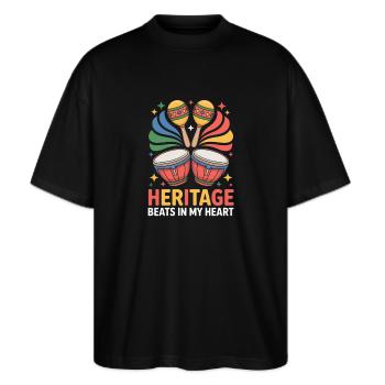 Heritage Beats In My Heart Bongo Maracas Rhythmus - Stanley/Stella Oversized Unisex Bio T-Shirt Blaster 2.0 - Schwarz - Vorne - Alina (178cm) & Michal (187cm)