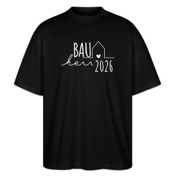 Bauherr 2026 - Bauherren Partnerlook Hausbau - Stanley/Stella Oversized Unisex Bio T-Shirt Blaster 2.0 - Schwarz - Vorne - Alina (178cm) & Michal (187cm)