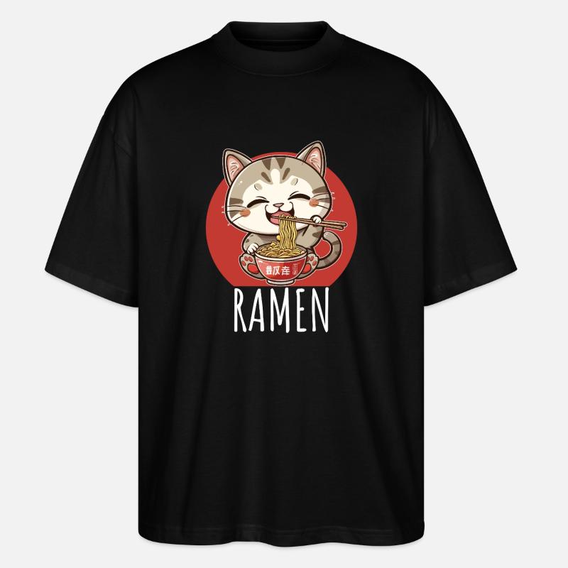 Retro Kawaii Cat Eats Ramen - Stanley/Stella Oversized Unisex Organic T-shirt Blaster 2.0 - black