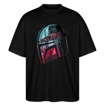 Star Wars: Mandalorian Verspiegelter Helm  - Stanley/Stella Oversized Unisex Bio T-Shirt Blaster 2.0 - Schwarz - Vorne - Alina (178cm) & Michal (187cm)