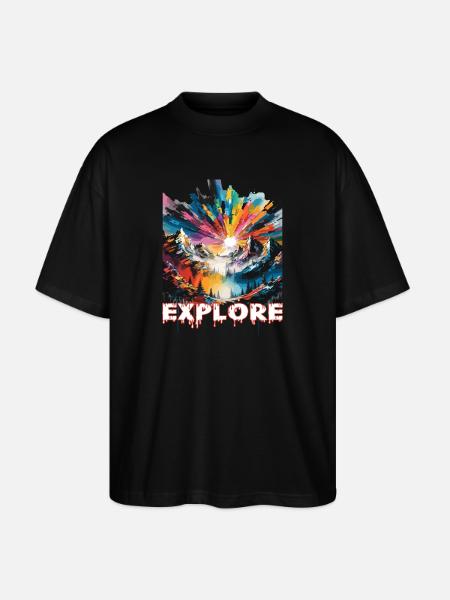 Colourful landscape with 'Explore' print - Stanley/Stella Oversized Unisex Organic T-shirt Blaster 2.0 - black