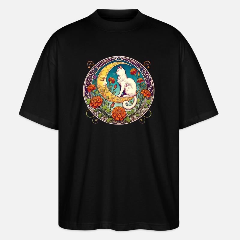Mondscheinkatze in floralem Bogen - Stanley/Stella Oversized Unisex Bio T-Shirt Blaster 2.0 - Schwarz