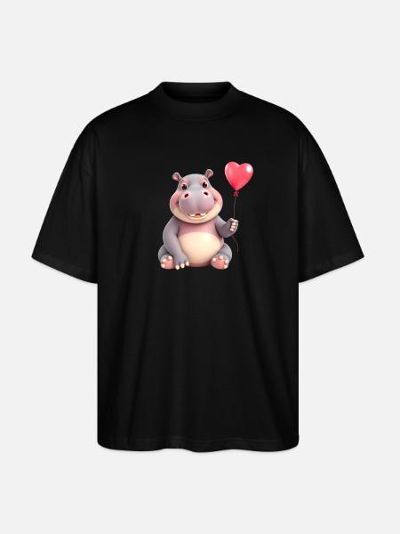 Liebes-Hippo mit rotem Herzballon - Stanley/Stella Oversized Unisex Bio T-Shirt Blaster 2.0 - Schwarz