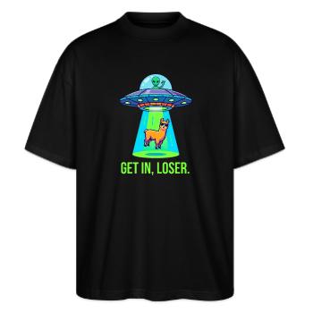 Get In Loser – lustiges Lama Alien UFO - Stanley/Stella Oversized Unisex Bio T-Shirt Blaster 2.0 - Schwarz - Vorne - Alina (178cm) & Michal (187cm)