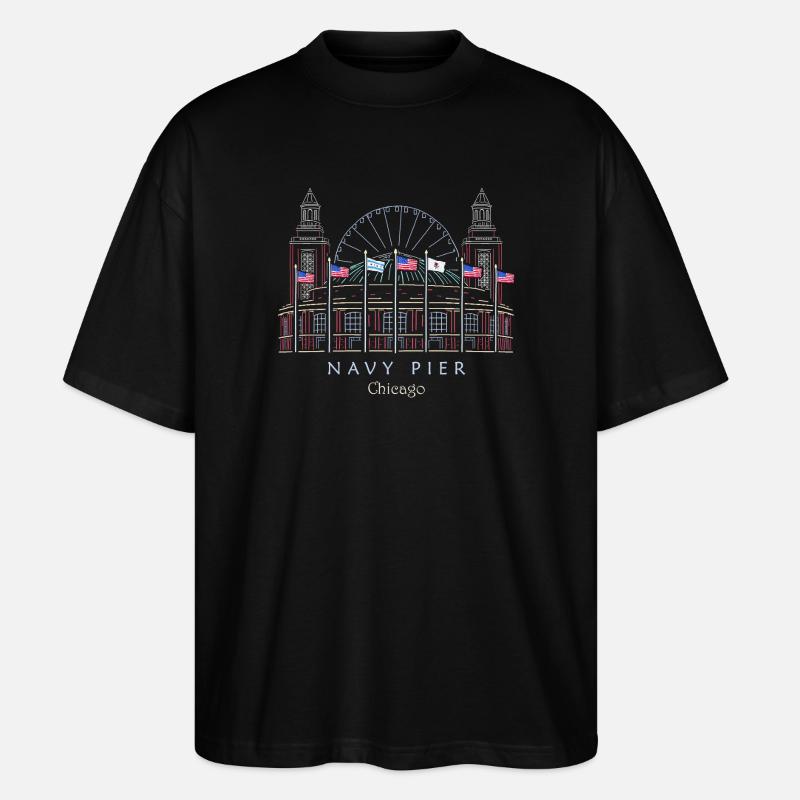 Chicago, Navy Pier Hand Drawn - Stanley/Stella Oversized Unisex Organic T-shirt Blaster 2.0 - black