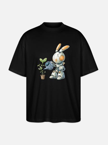 Robot rabbit watering plant - Stanley/Stella Oversized Unisex Organic T-shirt Blaster 2.0 - black