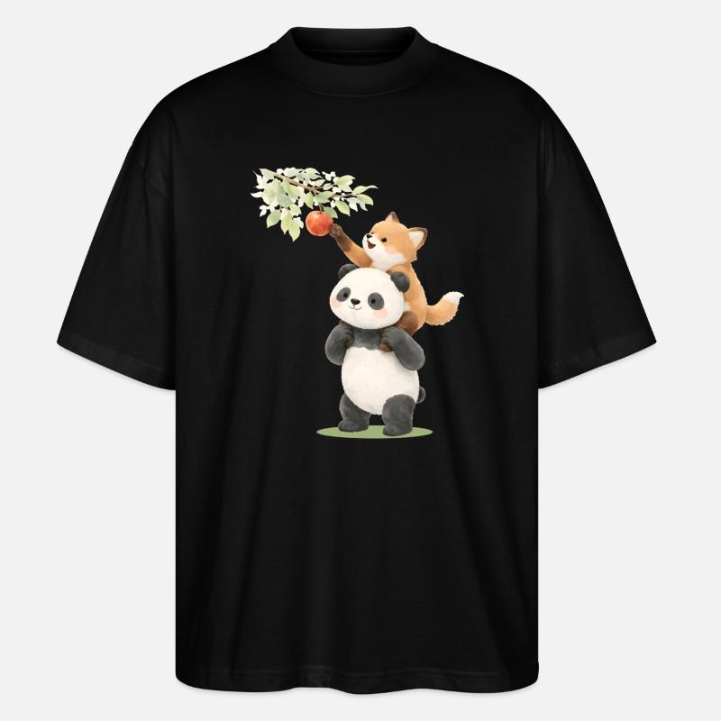 Panda and fox with apple illustration - Stanley/Stella Oversized Unisex Organic T-shirt Blaster 2.0 - black
