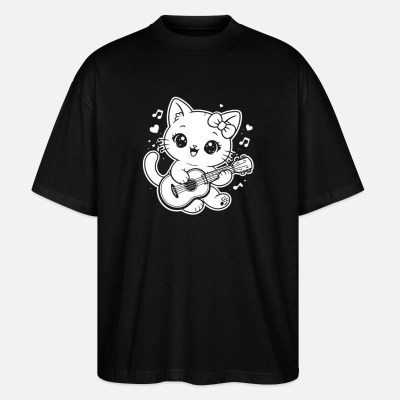 Chat kawaï jouant du ukulélé - T-shirt bio Blaster 2.0 coupe oversize Stanley/Stella Unisexe - noir