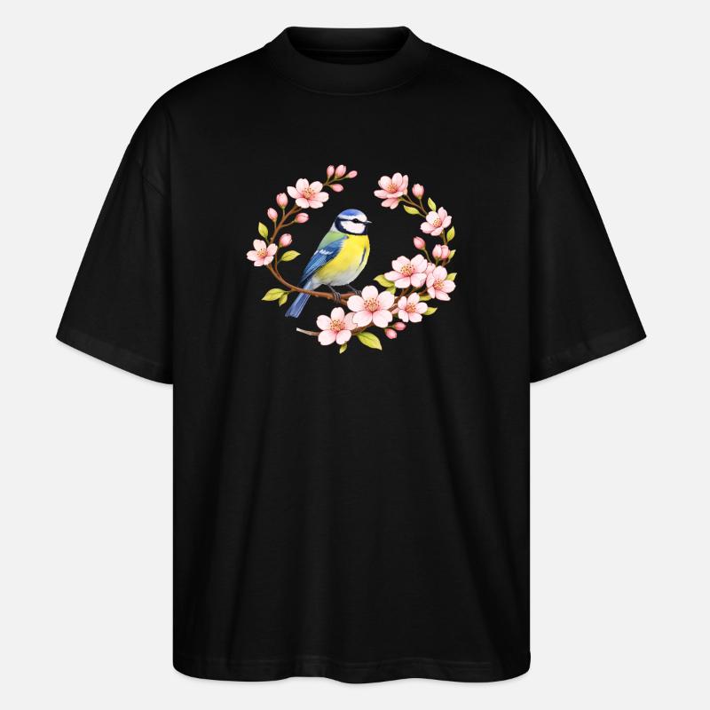 Blaumeise mit Kirschblüten Frühlingsmotiv - Stanley/Stella Oversized Unisex Bio T-Shirt Blaster 2.0 - Schwarz