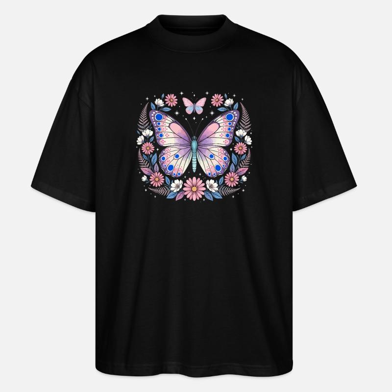 Pastellschmetterling im Blütenkranz - Stanley/Stella Oversized Unisex Bio T-Shirt Blaster 2.0 - Schwarz