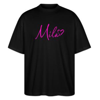 Mila Signatur Neon Pink - Stanley/Stella Oversized Unisex Bio T-Shirt Blaster 2.0 - Schwarz - Vorne - Alina (178cm) & Michal (187cm)