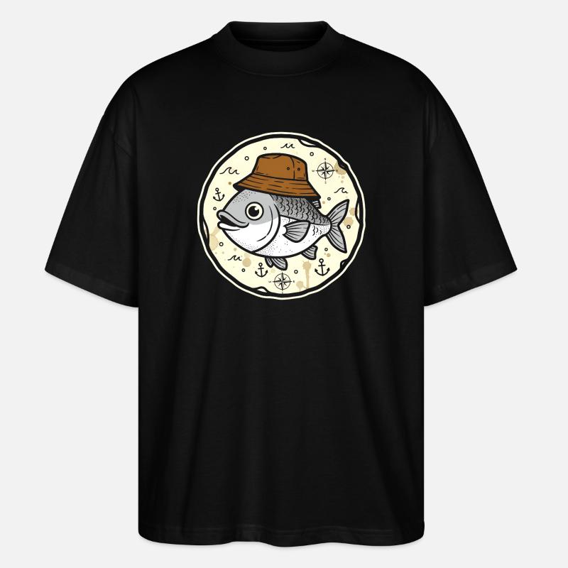 Fisch mit Hut im Nautik-Rundlogo - Stanley/Stella Oversized Unisex Bio T-Shirt Blaster 2.0 - Schwarz