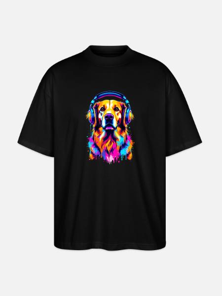 Golden Retriever mit Kopfhörer - Stanley/Stella Oversized Unisex Bio T-Shirt Blaster 2.0 - Schwarz