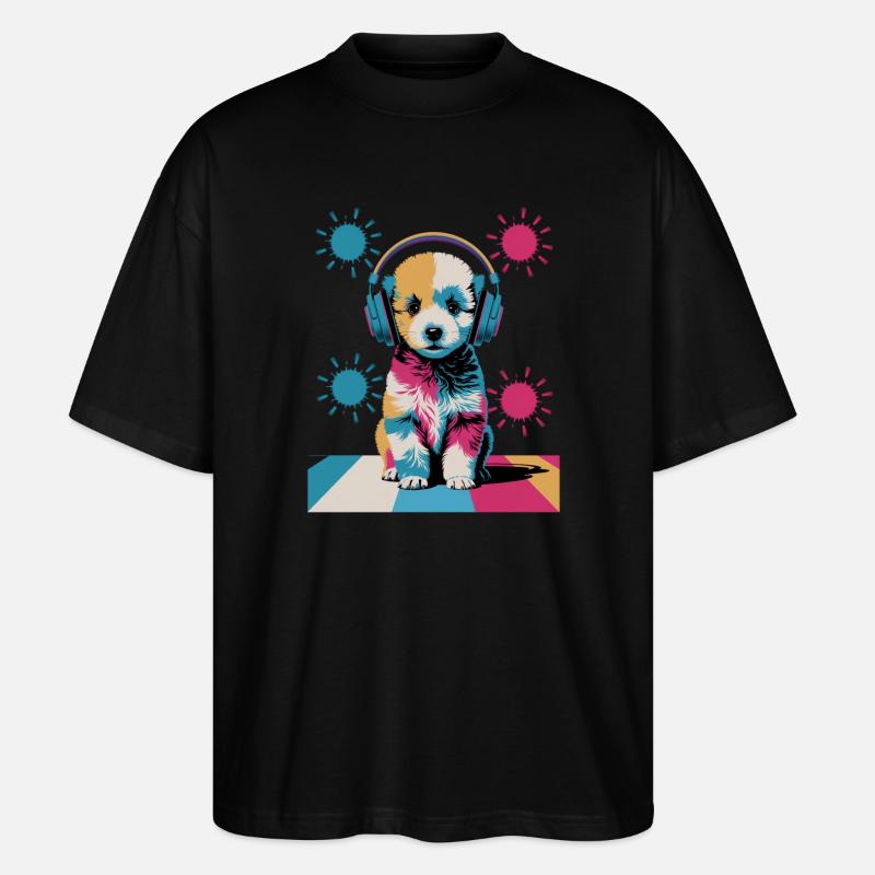 Pudel Welpe mit Kopfhörer - Stanley/Stella Oversized Unisex Bio T-Shirt Blaster 2.0 - Schwarz